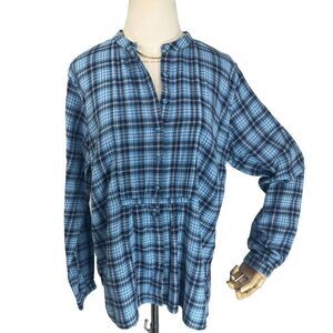 L.L. Bean Plaid Flannel Shirt Pintuck Top Size Medium 1/2 Button Pullover